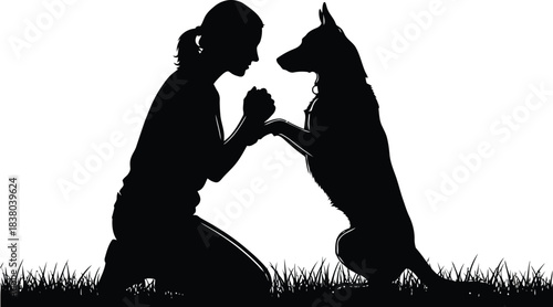 Silhouette of a human kneeling and clasping hands with a dog in a moment of connection on a clean white background