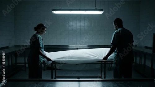 Two medical examiners, a man and a woman in scrubs, are covering a deceased person with a white sheet on a metal gurney inside a somber, clinical morgue room