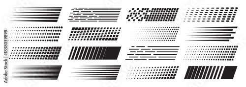 Collection of different dynamic speed lines. Design of racing stripes and car decals for racing and motorsport. Striped dotted and checkered lines. Vector illustration 