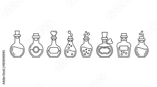 Collection of various potion bottles in a simple line drawing silhouette style
