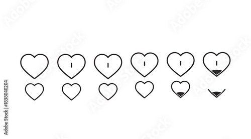 Collection of outlined hearts with some filled in and numbered hearts silhouette