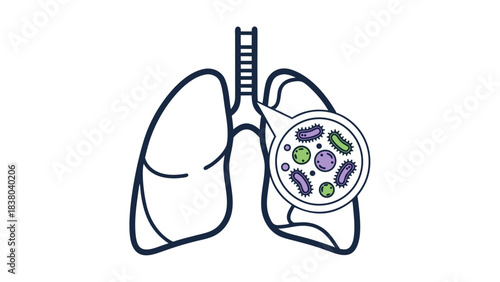 Illustration of human lungs with a magnified view showing bacteria and microbes inside the respiratory system on a black background