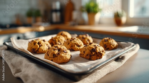 Freshly baked chocolate chip cookies on a baking tray, showcasing a warm and inviting kitchen atmosphere.