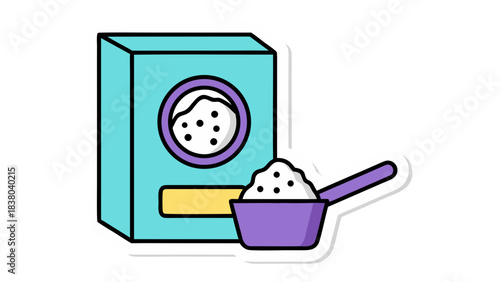 Illustration of laundry detergent powder in a box with a measuring scoop against a white background clean and fresh concept vibrant colors
