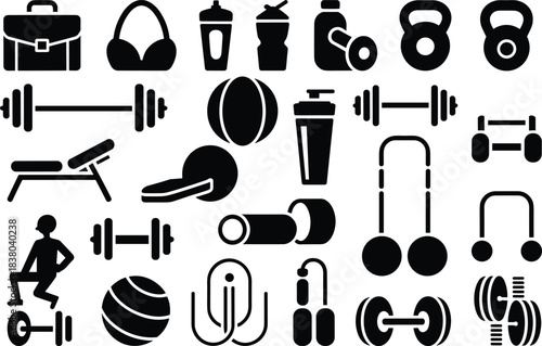 Gym gear silhouette vector, fitness equipment icons, workout essentials clipart set, training tools illustration, cad drawing flat vector illustration