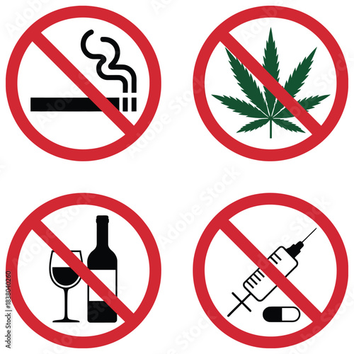 No smoking cigarettes, drinking alcohol, drugs and pills black silhouette icon set, featuring addiction prohibited pictograms, warning symbols, doping zone red stop sign, ideal for public safety