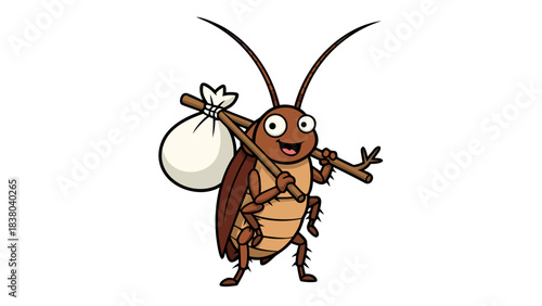 Happy Cartoon Cockroach Character with a Stick and Bag on Shoulder Against Black Background Simple Flat Design