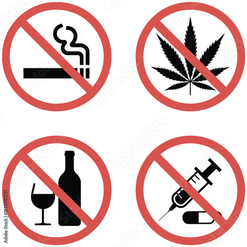 No smoking, alcohol, and drug prohibition icon collection, black silhouettes with warning symbols, addiction and narcotic prevention signs, red stop illustrations suitable for safety posters, 