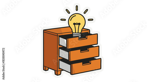 Illustration of a brown wooden cabinet with open drawers and a glowing light bulb representing an idea emerging from the top drawer on a white background