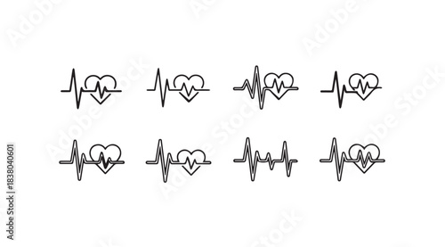 Collection of eight electrocardiogram heart beat line art designs silhouette