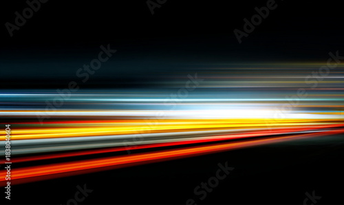 Transparent neon speed line with luminous curves. Abstract light trails illustrate high speed movement energy. Futuristic cityscape, speed digital cyberspace. Vector illustration. 
