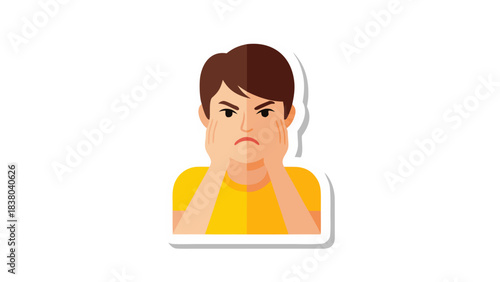 Illustration Of An Angry Person Holding Their Face Looking Frustrated And Upset With Short Brown Hair And A Yellow T Shirt Against A Black Background Flat Design Style