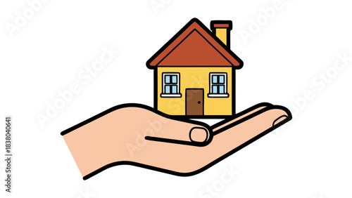 Illustration of an open hand holding a yellow house with a red roof and chimney on a black background symbolizing home ownership or real estate services