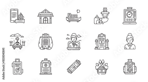 Collection of historical monument and landmark icons in a sketchy silhouette style