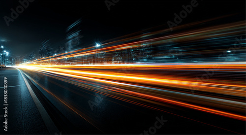 Abstract speed of light background with color streaks in futuristic city scape view. Dynamic high motion highway at night with digital wireframe effects luminous trails. Vector illustration.