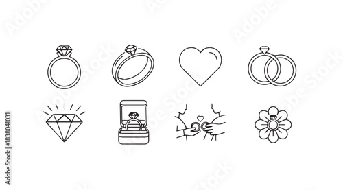 Collection of hand drawn wedding and engagement ring icons silhouette