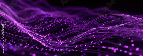 Digital technology abstracts background with glowing blue wave pattern, dynamic dots creating futuristic. 3D glowing purple grid wavy flowing. Neon speed line surrounded by glowing vector light trails