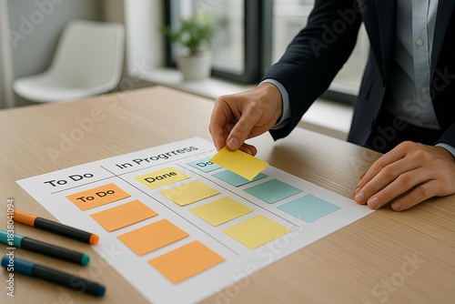 project management kanban board with manager hand sticky notes markers modern office workflow organization in natural daylight
