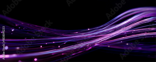 Glowing curved neon wave abstract background with dark, motion purple light streak. Dynamic blue fiber optic light trails. High-speed data transmission, global digital network. Vector illustration.