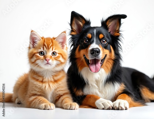 Kitten and dog sit together looking at camera. Ginger cat and australian shepherd best friends pose on white background. Pets show affection and bond.