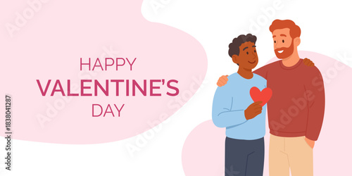 GAy couple holding heart sharing warm moment for Valentines Day celebration, joyful love scene highlighting Valentines Day message and promoting inclusive romantic expression.