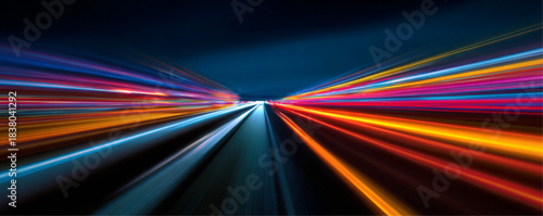 Transparent neon speed line with luminous curves. Abstract light trails illustrate high speed movement energy. Futuristic cityscape, speed digital cyberspace. Vector illustration. 