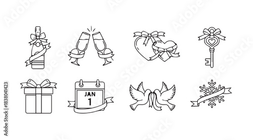 Collection of romantic wedding and anniversary icons in a hand drawn silhouette style