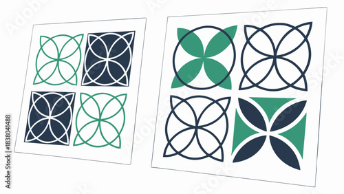 Geometric floral pattern tiles in green and navy blue