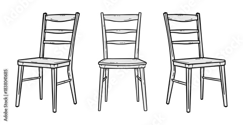 Traditional dining room chairs isolated on white. Ladder back furniture set in simple line style - vector illustration