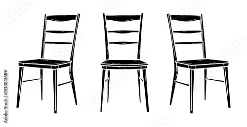 Traditional wooden ladder back chairs isolated on white. Sketch style furniture set for dining room or rustic interior - vector illustration