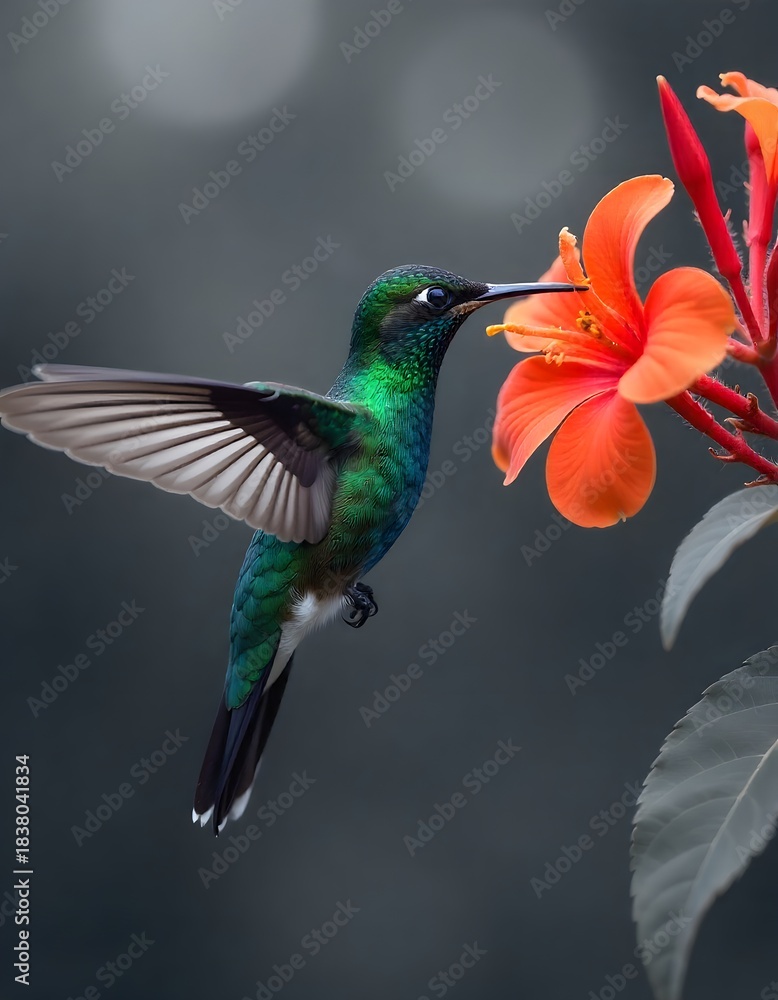 Obraz premium Colorful hummingbird hovering gracefully beside bright tropical blossom high resolution image