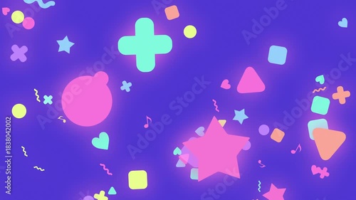 ハート・星・音符などのカラフルでハッピーなアニメーション　スローリーライジング　ループ