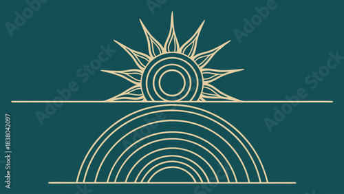 Abstract sun and rainbow symbol on teal background