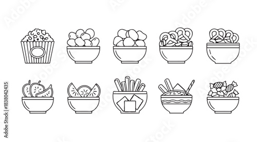 Collection of ten hand drawn silhouettes of popcorn and candy treats in pots