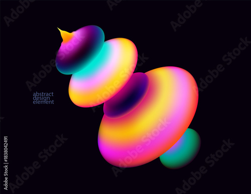 Iridescent 3D spinning top. Abstract gradient  geometric shapes.  Colorful vector design elements.