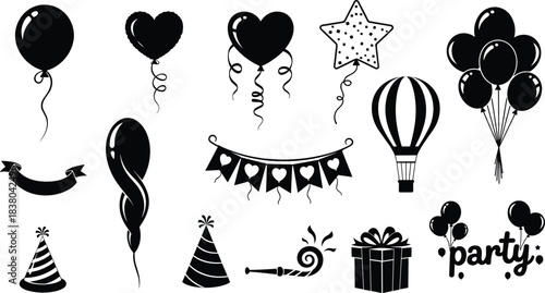 Black silhouette party elements including balloons hearts star hot air balloon banner gift box party hat and noisemaker