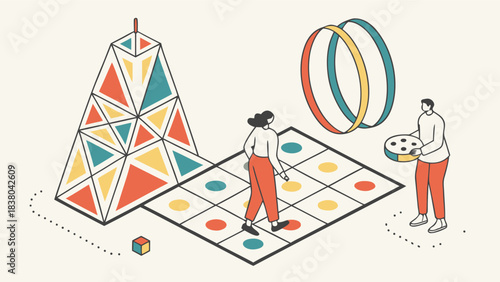 Colorful geometric shapes, playful illustrations, creative toys, kids activities