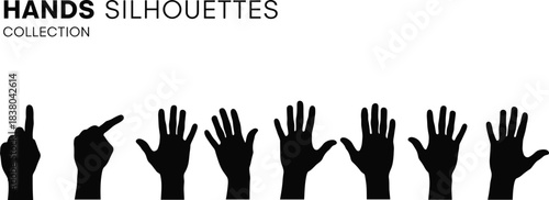Black silhouettes of human hands with fingers spread and pointing on a white background