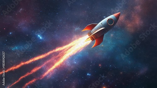 Cartoon rocket flying with fiery exhaust through a vibrant, star-filled galaxy, symbolizing startup success or space exploration.
