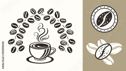 Hand Drawn Coffee Cup with Roasted Beans Illustration for Cafe and Coffee Branding