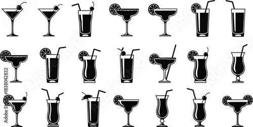 Collection of black and white silhouette icons of various cocktail glasses and drinks