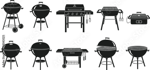Collection of black silhouette barbecue grills and cooking utensils on white background