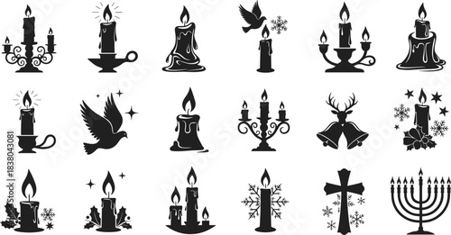 Collection of black silhouette candle and holiday icons on white background Christmas