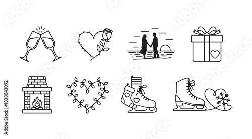 Collection of romantic winter and holiday themed icons silhouette