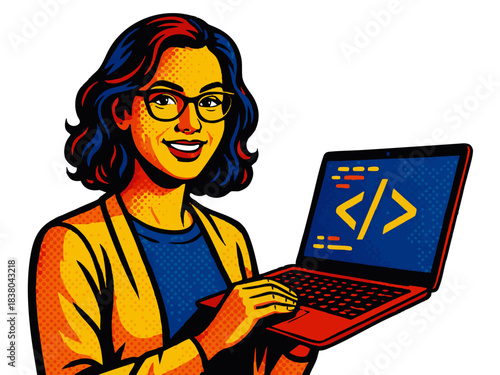 female coder holding a laptop with coding symbols on the screen. Generative ai vector colorful pop art illustration.