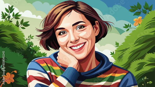Very beautiful close-up portrait of a young woman with short hair smiling warmly, wearing a colorful striped sweater, posed casually outdoors, hand gently near her collar, expressing joyful energy and