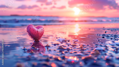 A beautiful pink heart stands on the beach, shining over the colorful, glowing water and creating a stunning summer atmosphere reminiscent of paradise.