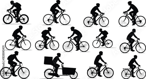 Collection of black silhouettes of people riding bicycles in various poses and styles
