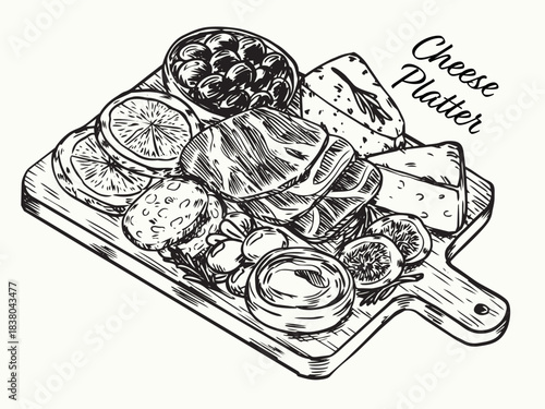 Hand drawn cheese platter board outline drawing illustration