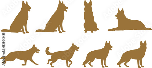 Collection of brown German Shepherd dog silhouettes in various poses on a white background